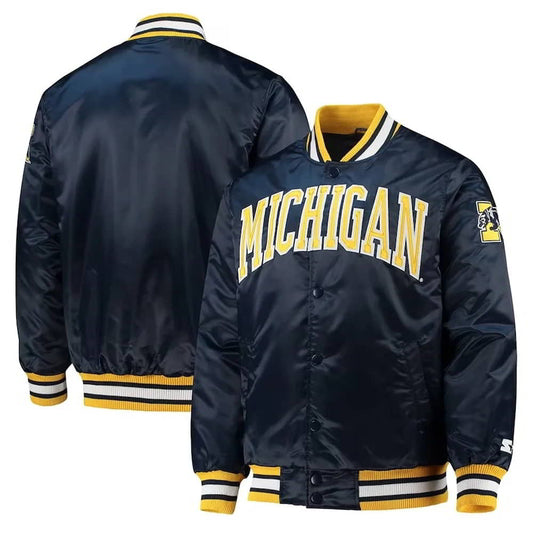 Michigan Wolverines O-Line Navy Satin Varsity Bomber Jacket