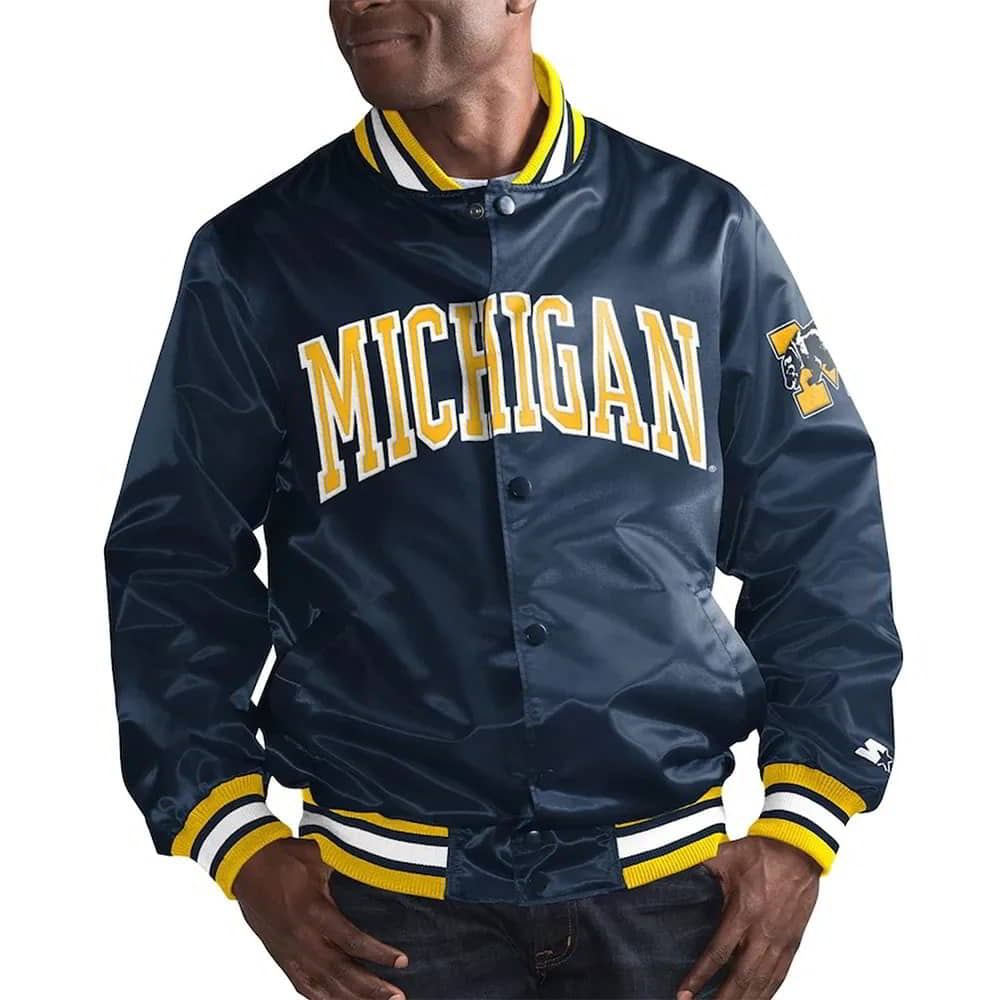 Michigan Wolverines O-Line Navy Satin Varsity Bomber Jacket
