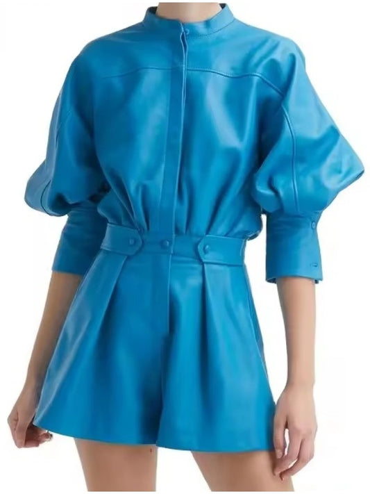 Avanzar Leather Mock Neck Blue Leather Romper