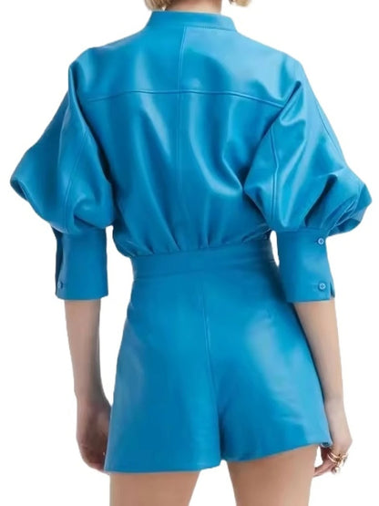 Avanzar Leather Mock Neck Blue Leather Romper