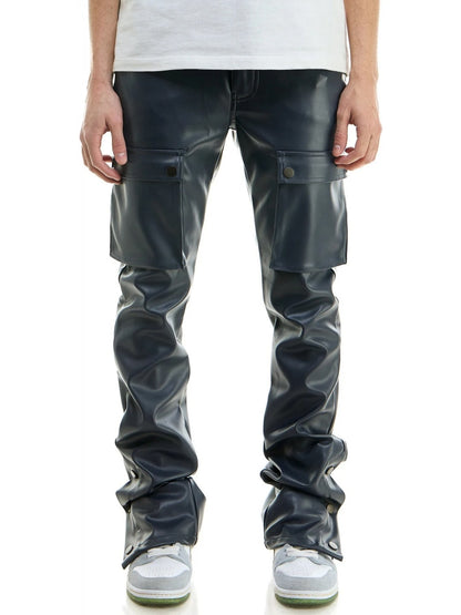 Navy Blue Leather Cargo Trousers for Men by Avanzar Leather