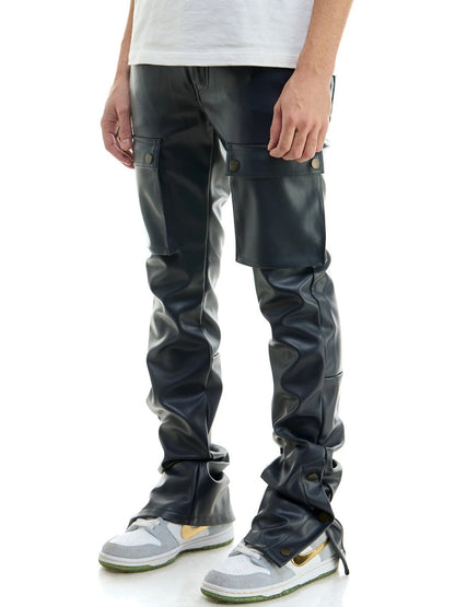 Navy Blue Leather Cargo Trousers for Men by Avanzar Leather