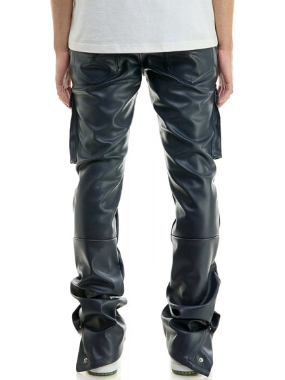 Navy Blue Leather Cargo Trousers for Men by Avanzar Leather