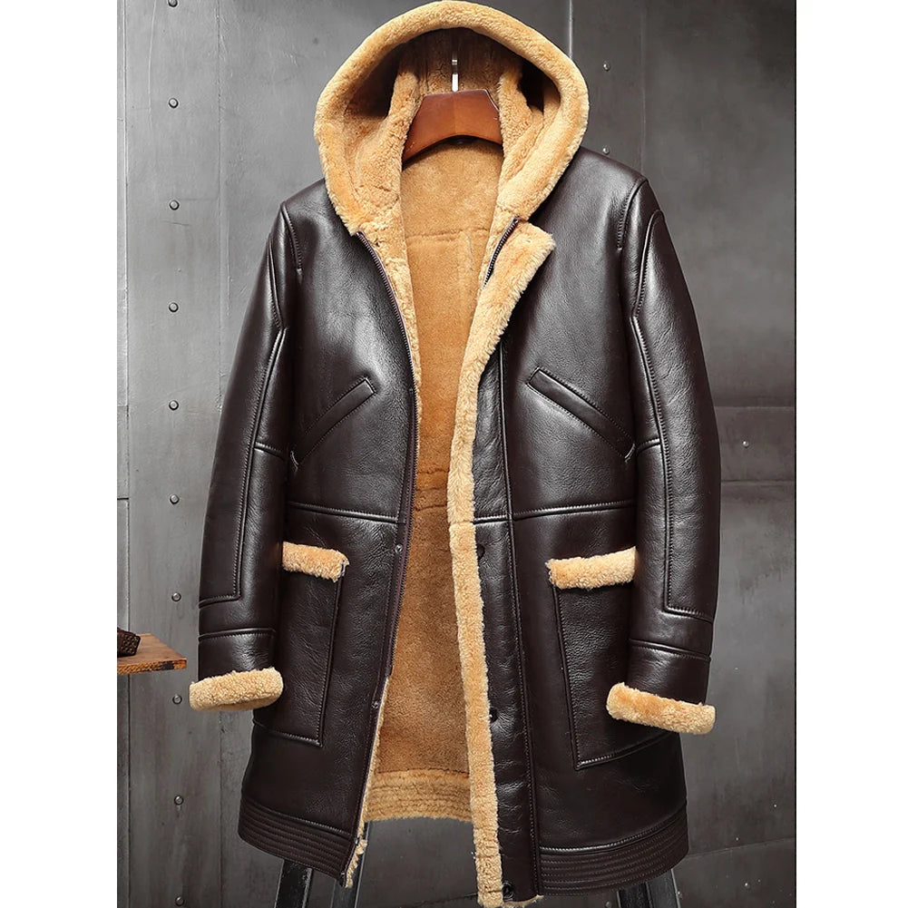 Men's B7 Bomber Sheepskin Leather Coat with Hood in Dark Brown