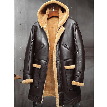 Men's B7 Bomber Sheepskin Leather Coat with Hood in Dark Brown