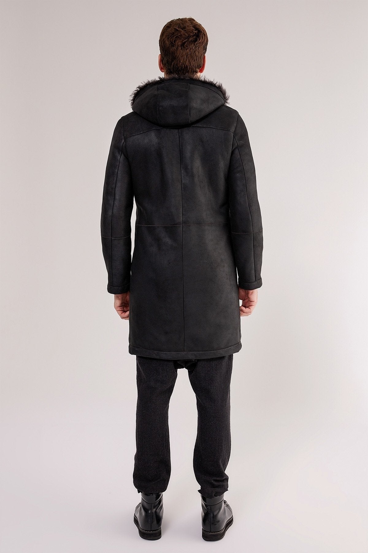 Men's Black Hooded Shearling Leather Coat