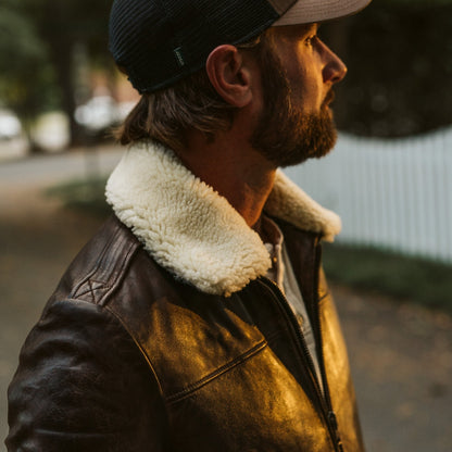 Men's Dark Brown Distressed Shearling Bomber Leather Jacket