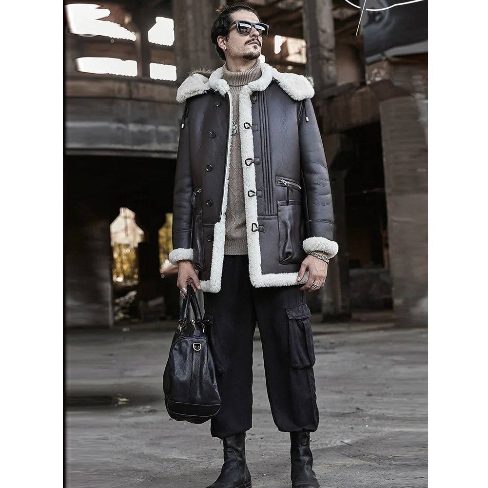 Men's Double Sided Shearling Fur Leather Coat In Dark Brown With Removable Hood