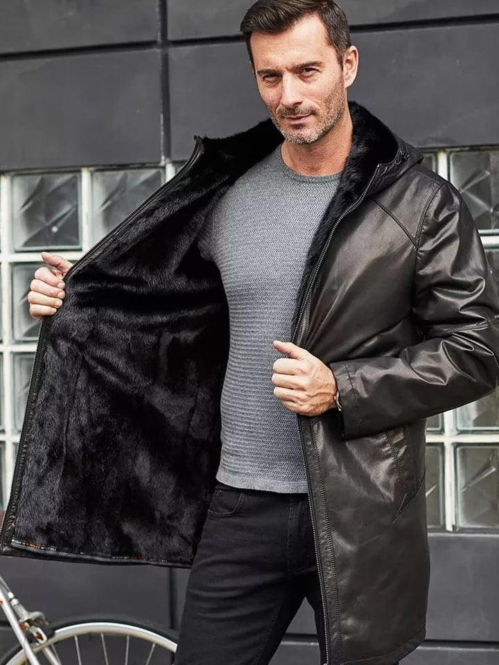 Men's Black Fur Sheepskin Leather Coat with Hood