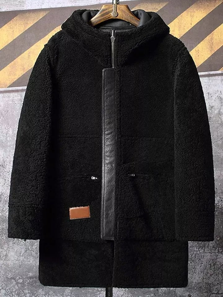 Men's Double-Sided Shearling Leather Coat in Black with Hood