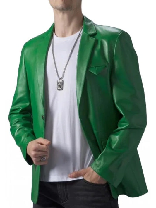 Elegant Notch Collar Green Leather Blazer Avanzar Leather