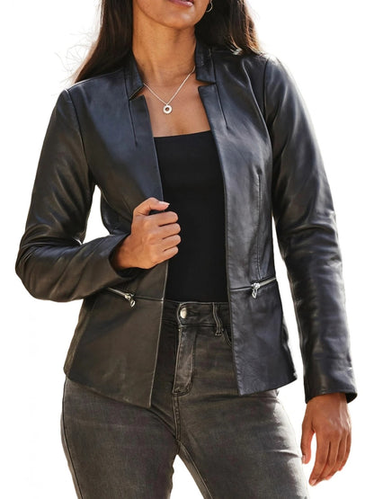 Women’s Notch Neck Black Leather Blazer Sleek & Sophisticated Outerwear