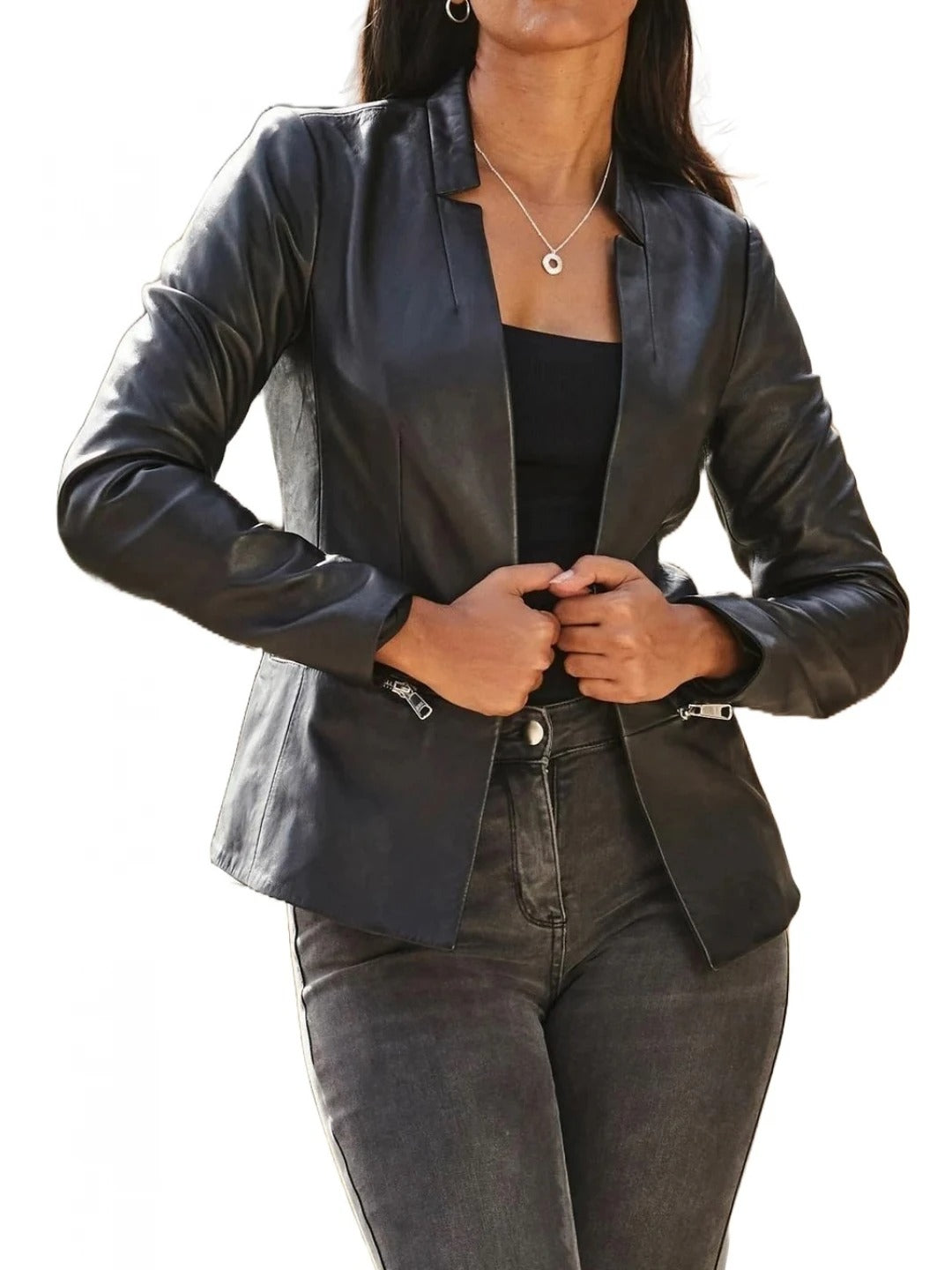 Women’s Notch Neck Black Leather Blazer Sleek & Sophisticated Outerwear