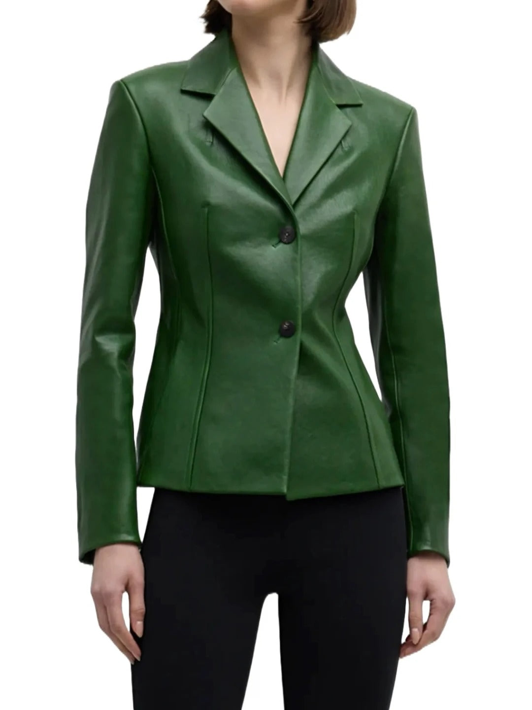 Women’s Notched Collar Green Leather Blazer Bold & Elegant Outerwear