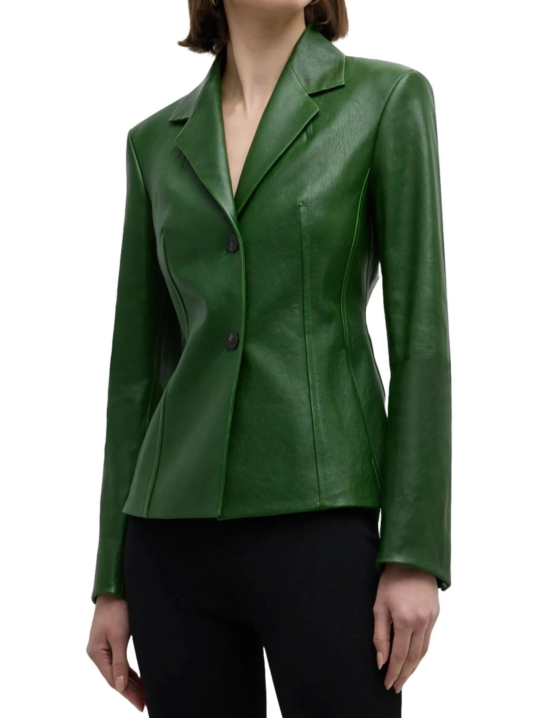 Women’s Notched Collar Green Leather Blazer Bold & Elegant Outerwear