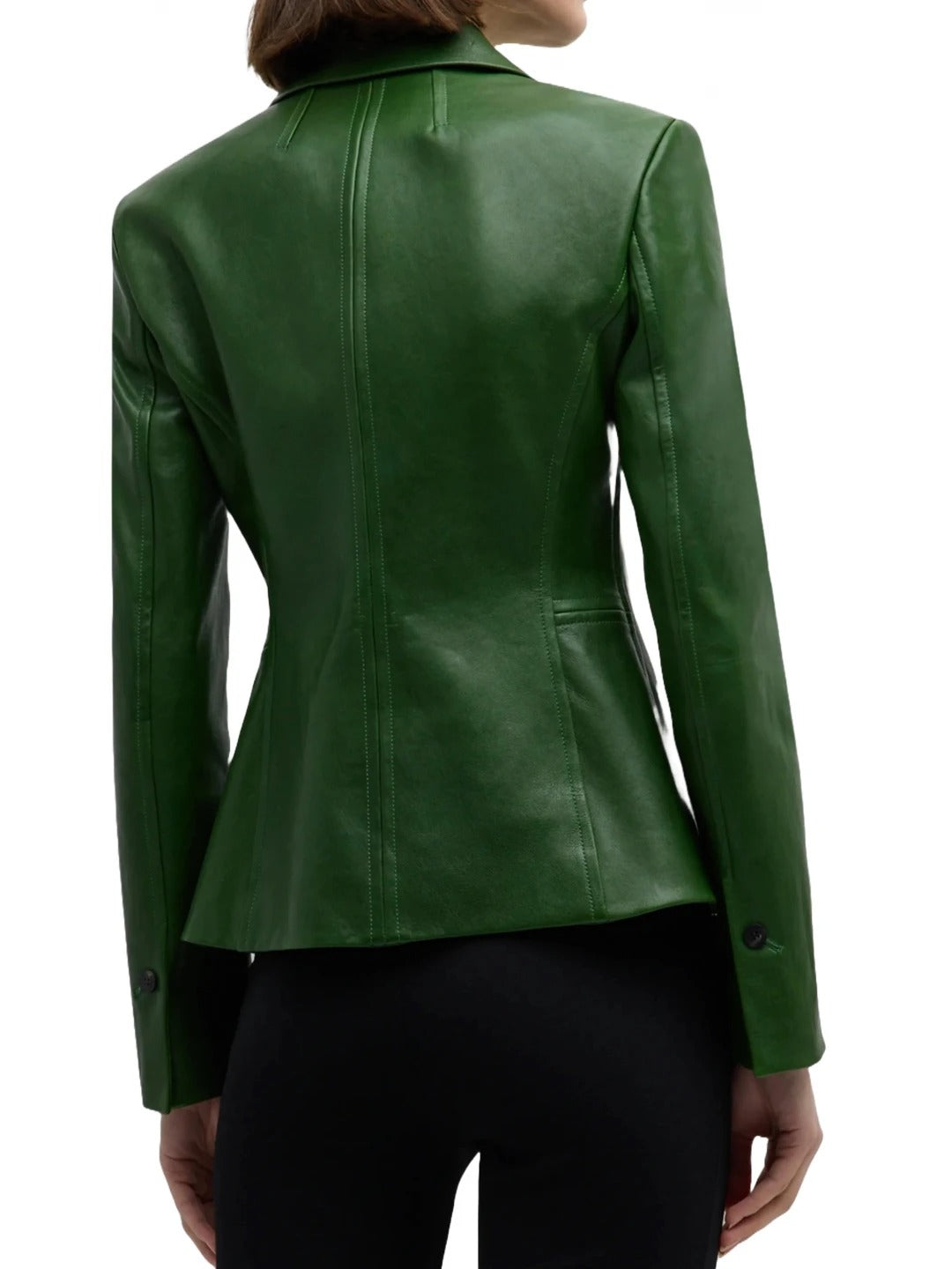 Women’s Notched Collar Green Leather Blazer Bold & Elegant Outerwear