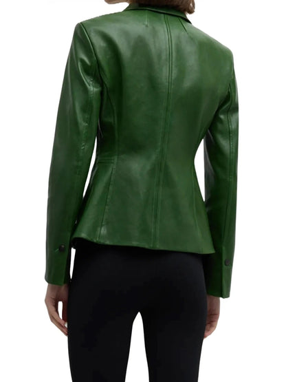 Women’s Notched Collar Green Leather Blazer Bold & Elegant Outerwear