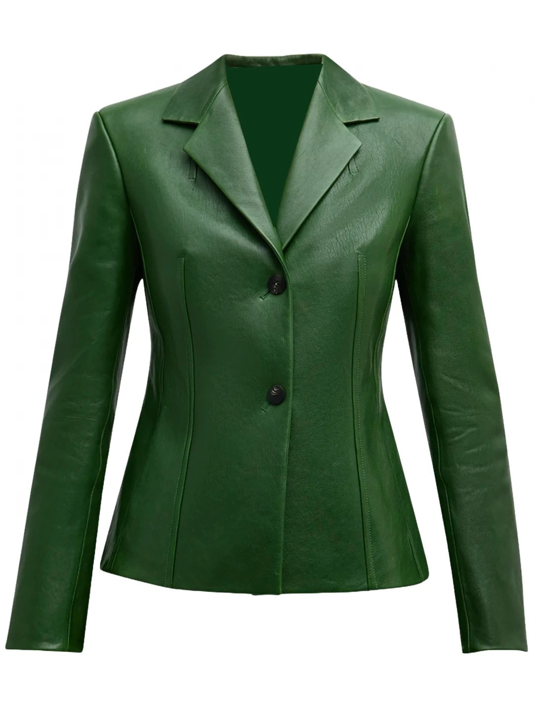 Women’s Notched Collar Green Leather Blazer Bold & Elegant Outerwear