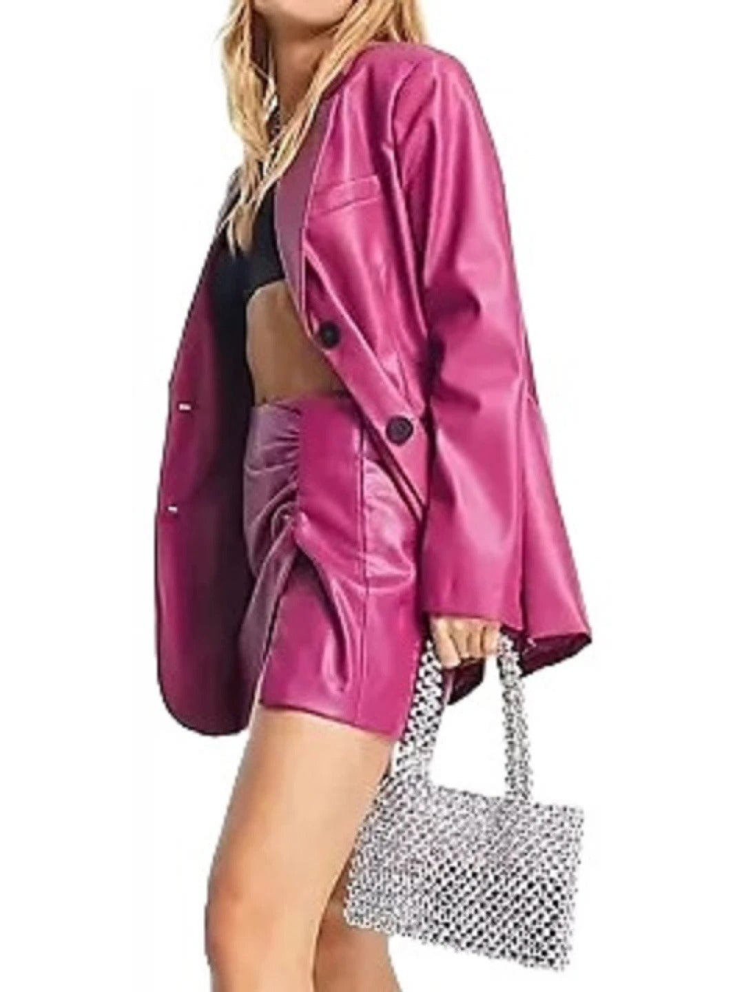 Women’s Notched Collar Pink Leather Blazer Elegant & Stylish Outerwear