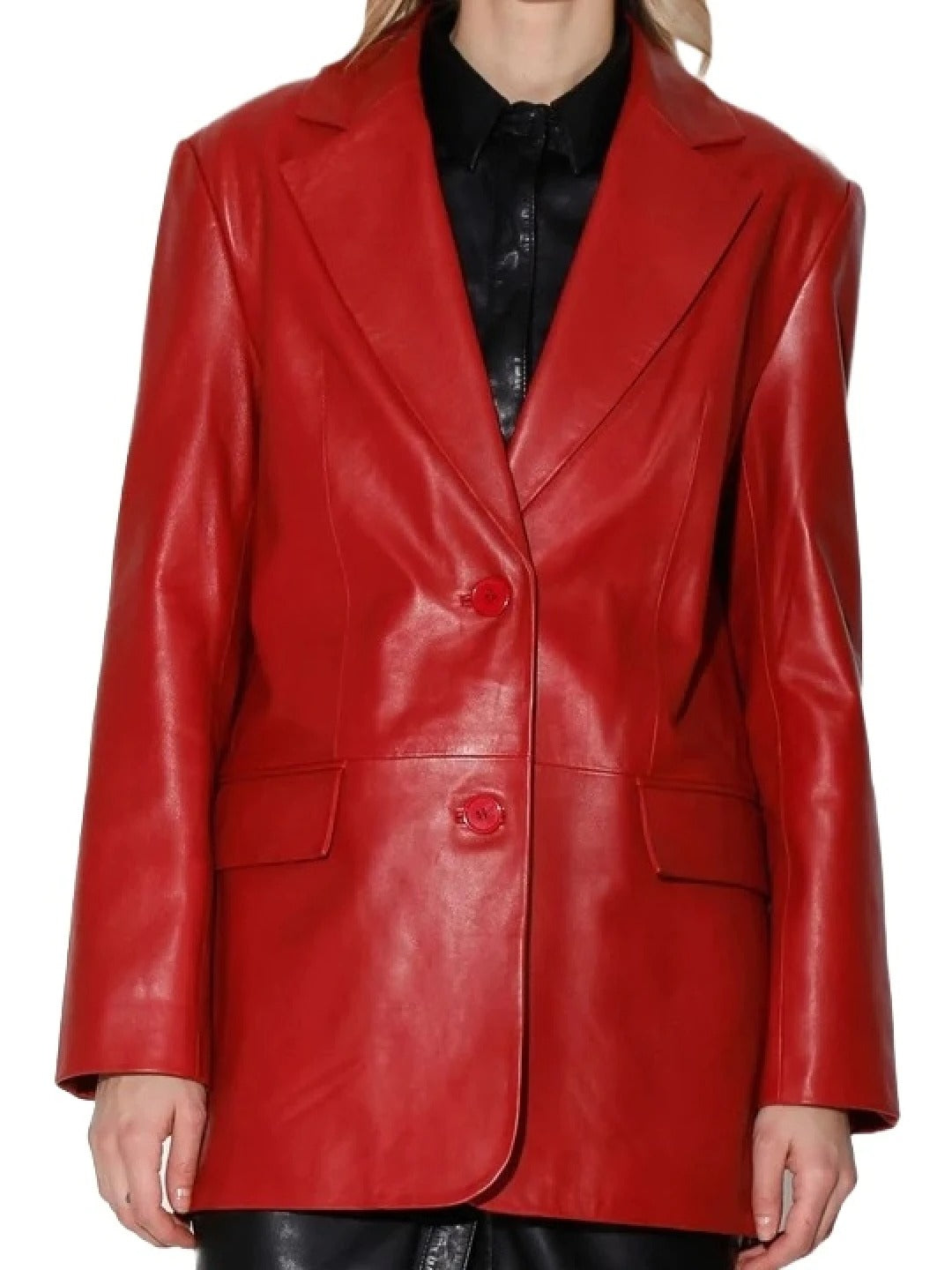 Women’s Notched Collar Red Leather Blazer Bold & Elegant Outerwear