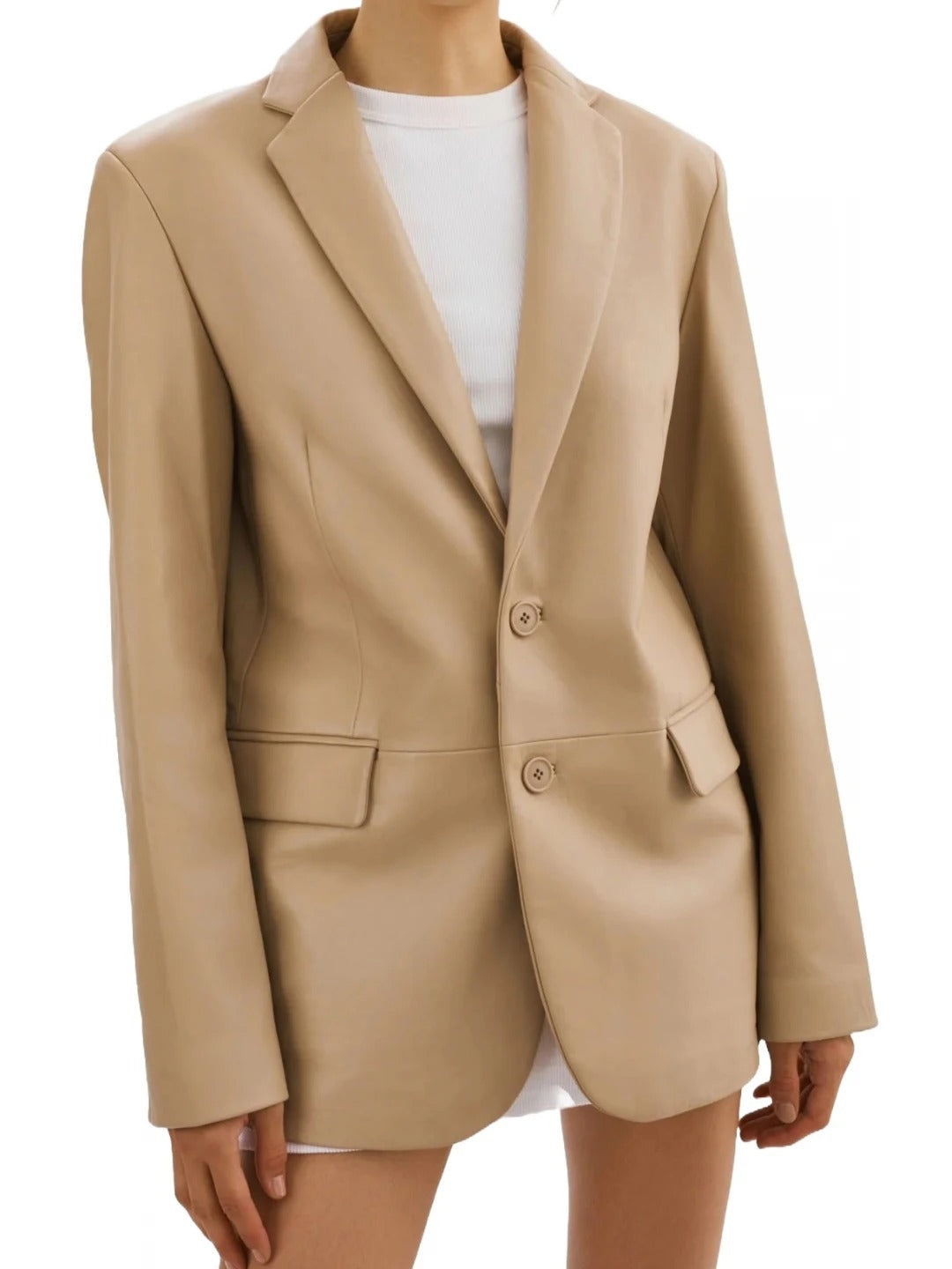 Women’s Notched Lapel Beige Leather Blazer Classic & Elegant Outerwear