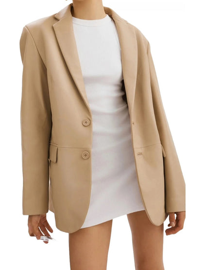 Women’s Notched Lapel Beige Leather Blazer Classic & Elegant Outerwear