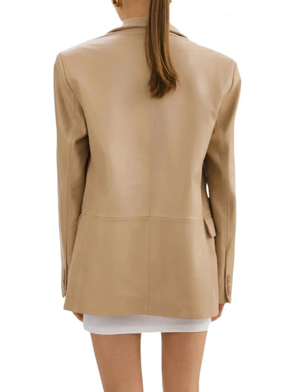 Women’s Notched Lapel Beige Leather Blazer Classic & Elegant Outerwear