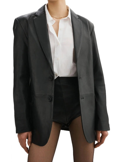 Women’s Notched Lapel Black Leather Blazer Timeless & Elegant Outerwear