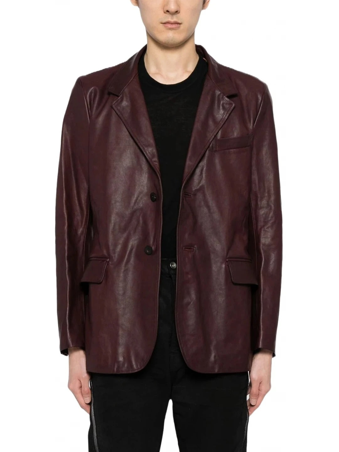 Men's Notched Lapels Burgundy Leather Blazer Elegant & Sophisticated Outerwear