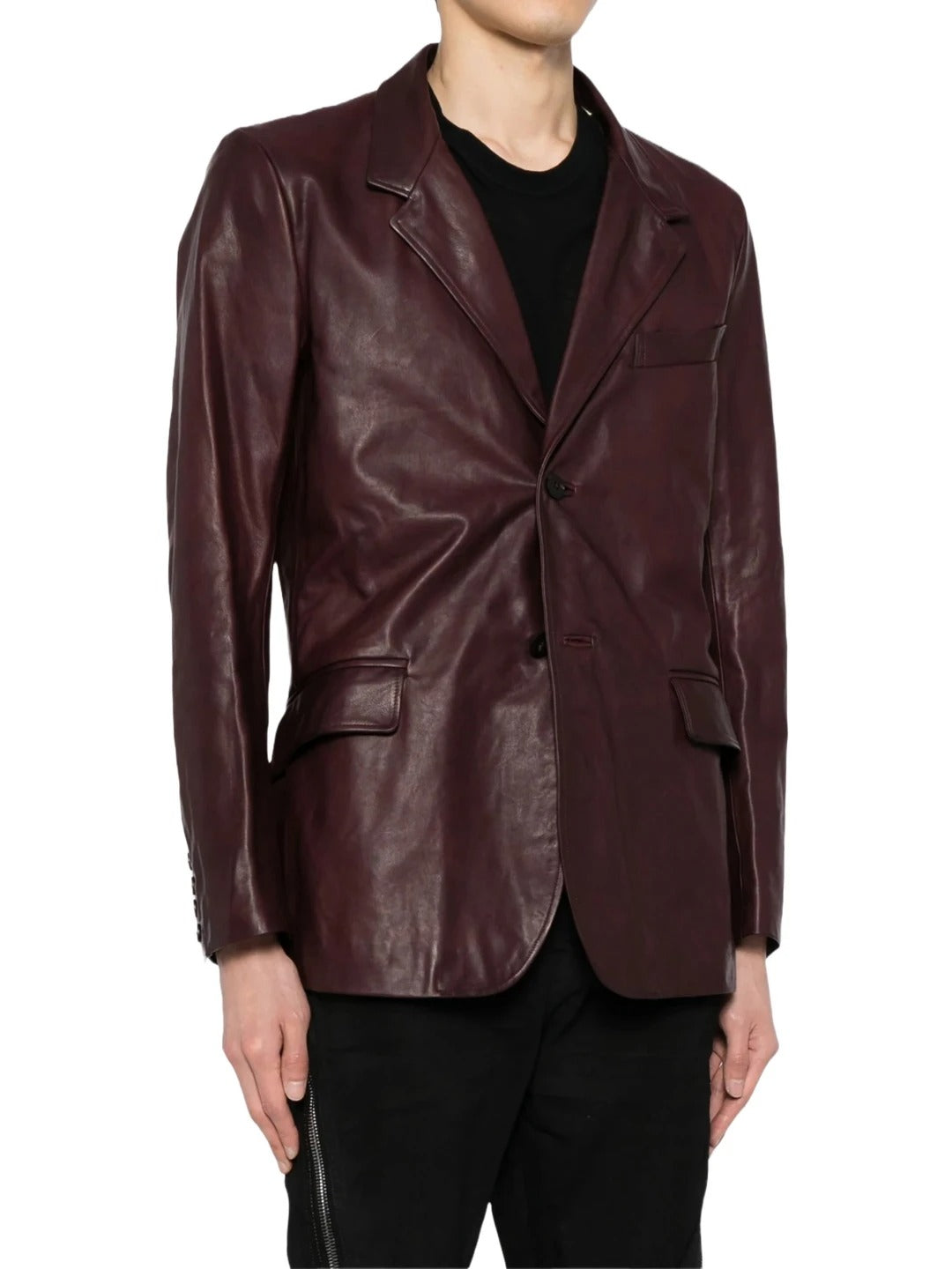 Men's Notched Lapels Burgundy Leather Blazer Elegant & Sophisticated Outerwear