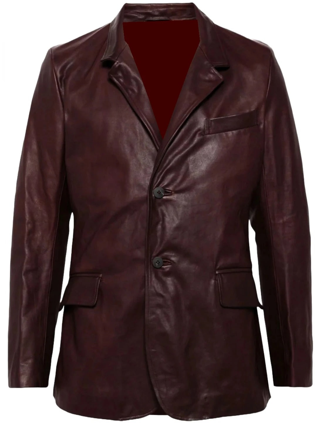 Men's Notched Lapels Burgundy Leather Blazer Elegant & Sophisticated Outerwear