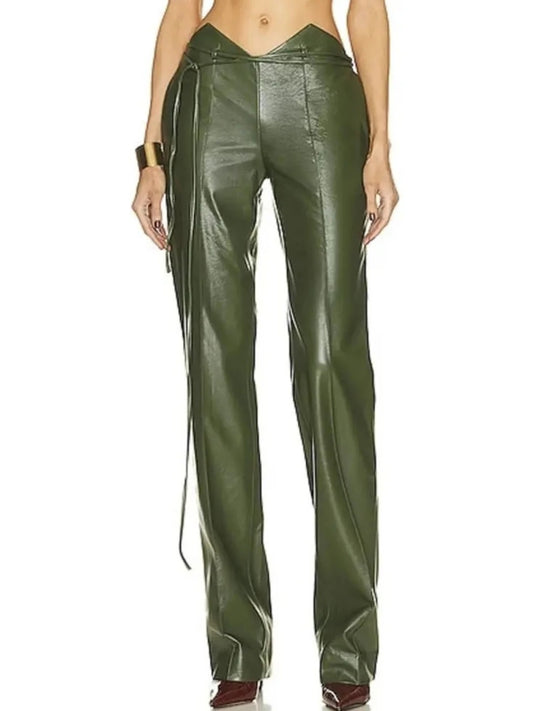 Green Leather Trousers with Notched Waist & Adjustable Tie – Stylish & Versatile