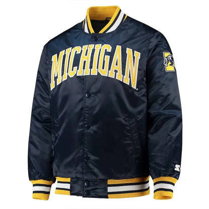 Michigan Wolverines O-Line Navy Satin Varsity Bomber Jacket