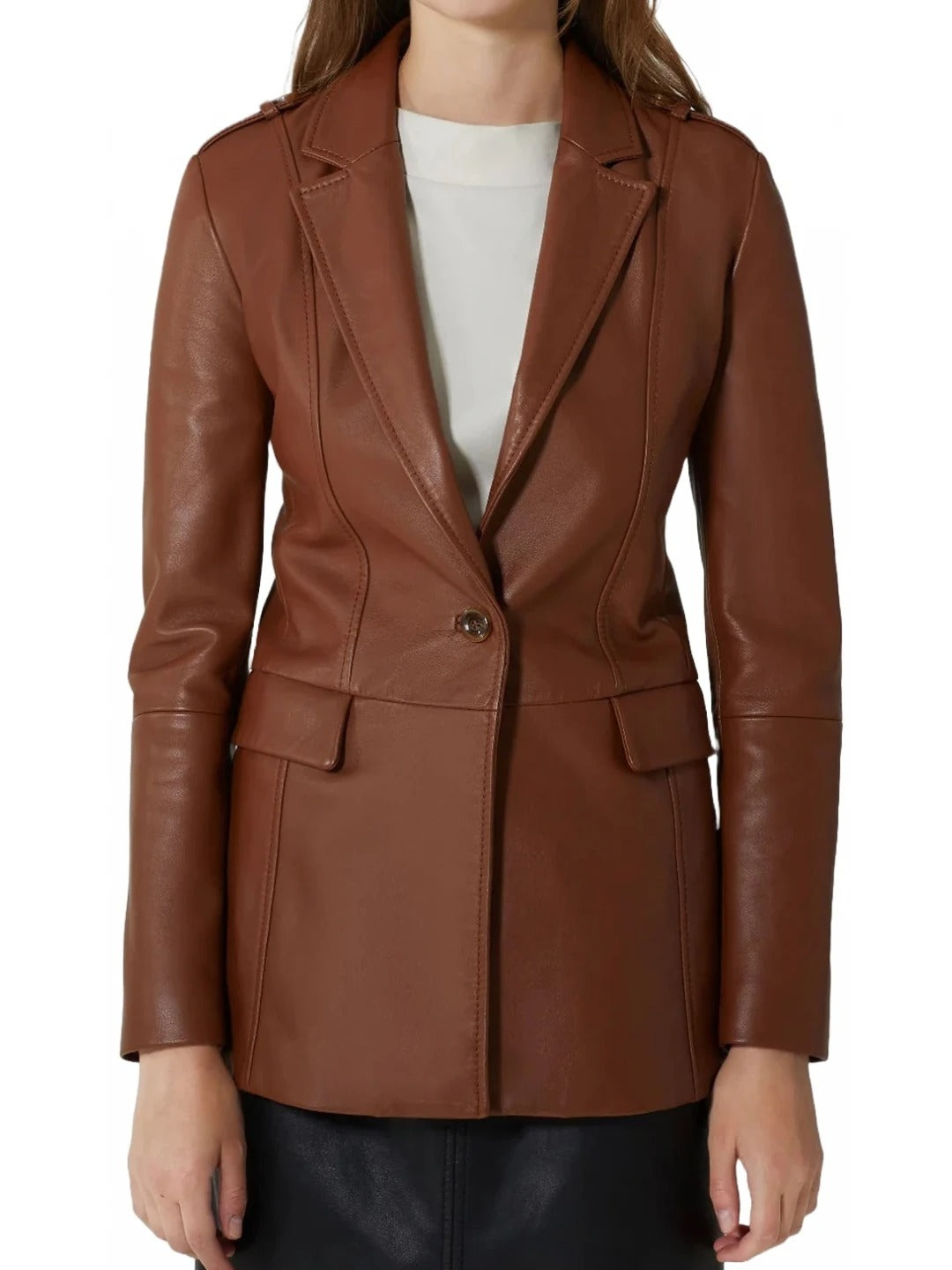 One Button Brown Leather Blazer Sleek and Timeless Sophistication