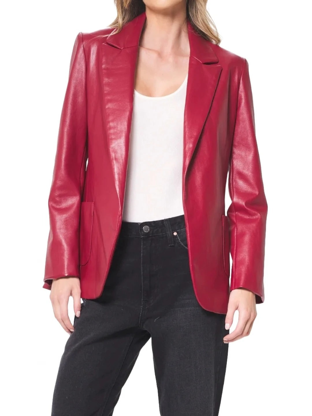 Women's Open Front Red Leather Blazer Bold & Stylish Outerwear