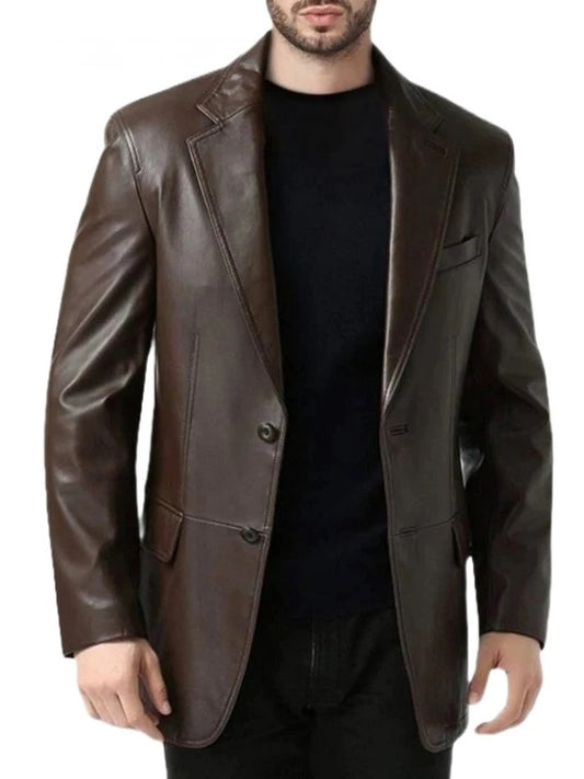 Men's Open Hem Cuffs Brown Leather Blazer Classic & Timeless Outerwear