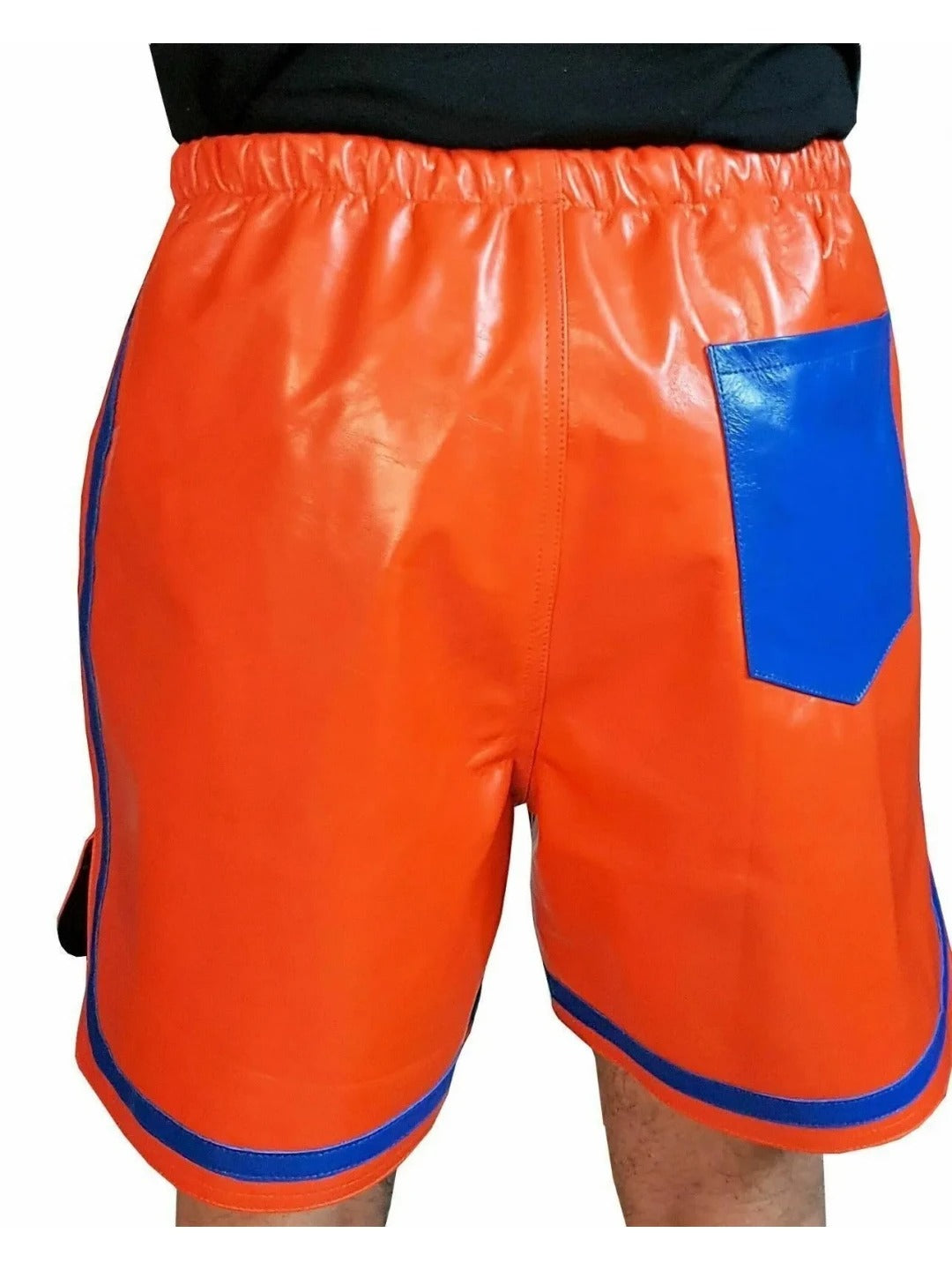 Men’s Orange Leather Shorts with Blue Stripes – Bold and Stylish