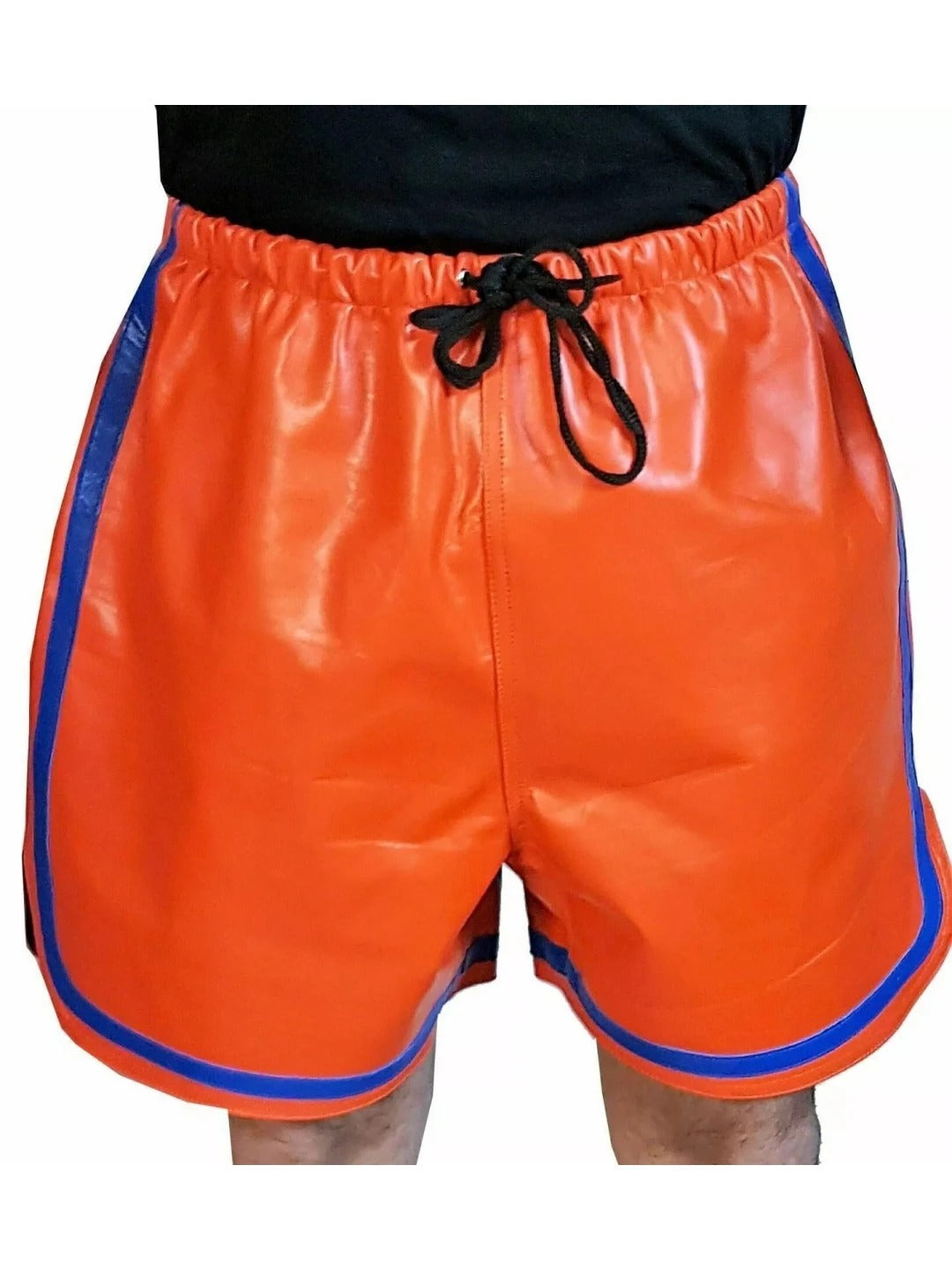 Men’s Orange Leather Shorts with Blue Stripes – Bold and Stylish