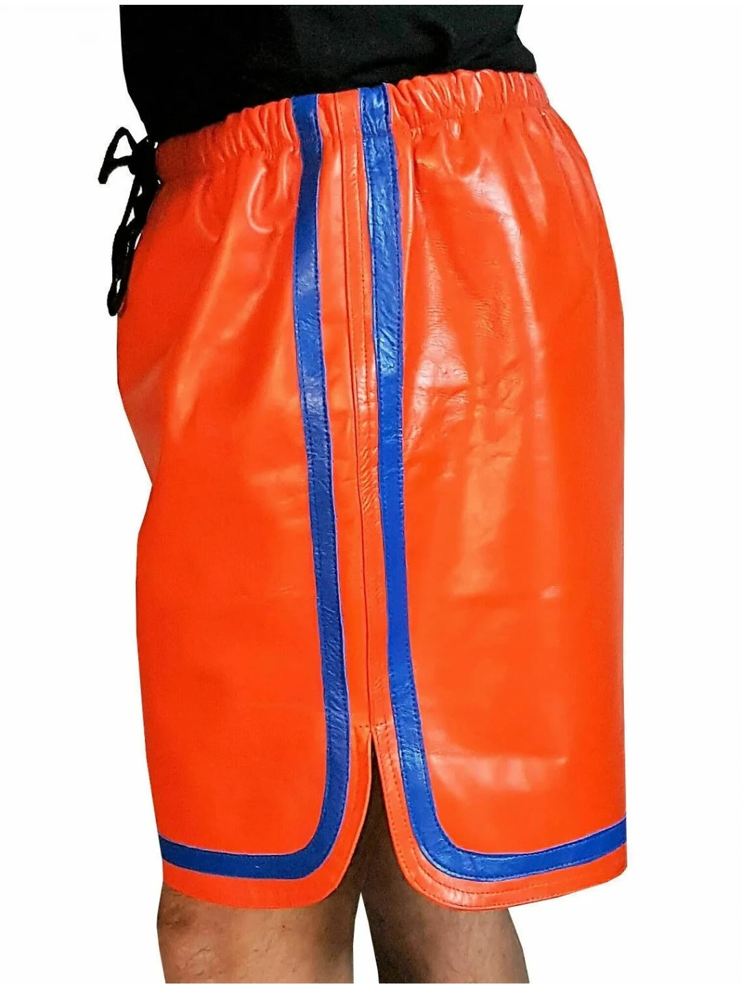 Men’s Orange Leather Shorts with Blue Stripes – Bold and Stylish