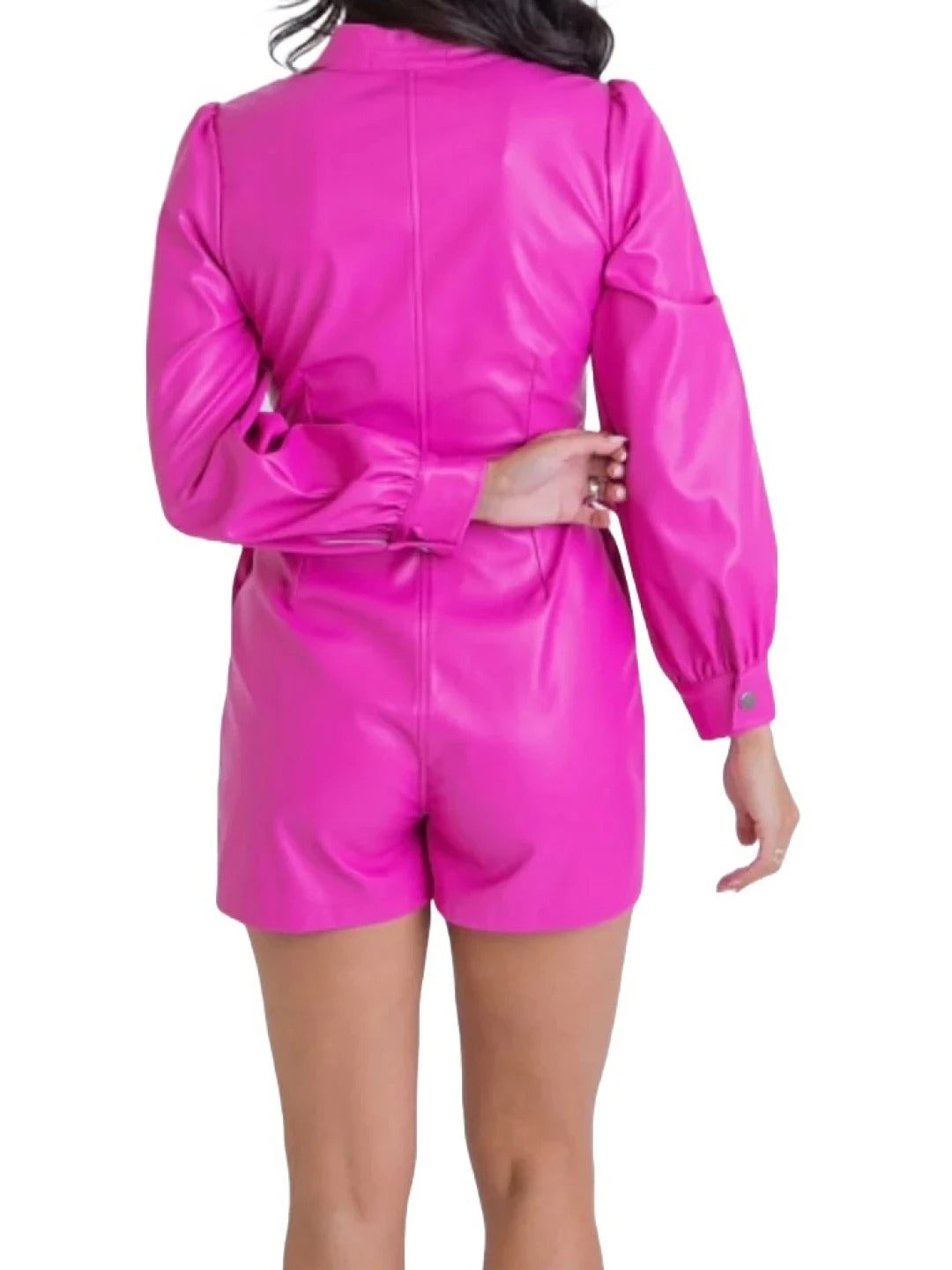 Women’s Pink Leather Belted Short Romper – Chic and Stylish Design