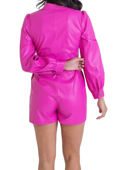 Women’s Pink Leather Belted Short Romper – Chic and Stylish Design