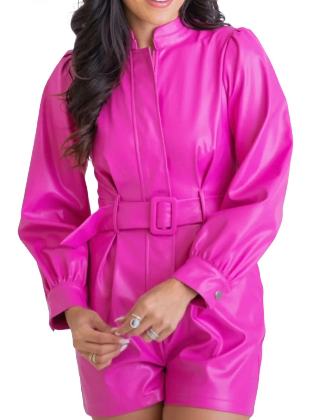 Women’s Pink Leather Belted Short Romper – Chic and Stylish Design