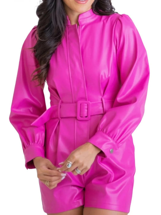 Women’s Pink Leather Belted Short Romper – Chic and Stylish Design