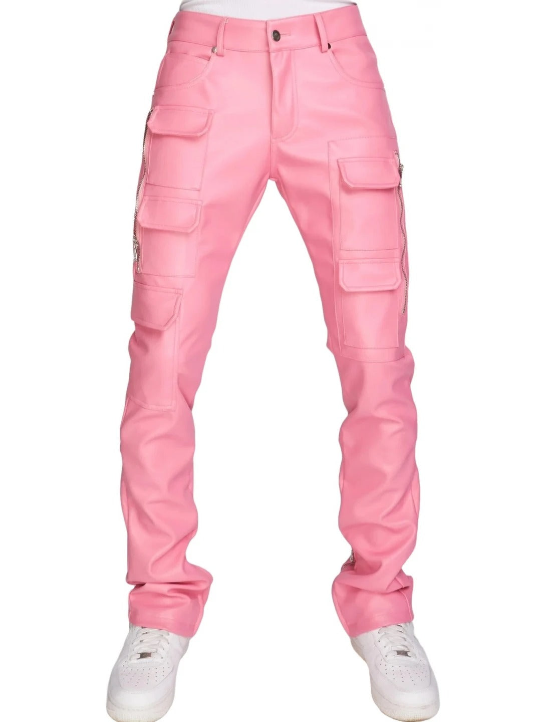 Pink Leather Stacked Cargo Pants for Men by Avanzar Leather