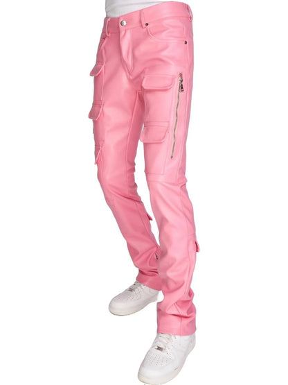 Pink Leather Stacked Cargo Pants for Men by Avanzar Leather