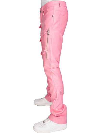 Pink Leather Stacked Cargo Pants for Men by Avanzar Leather