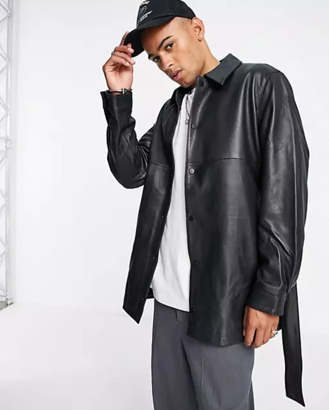  Men's Belted Black Leather Shirt