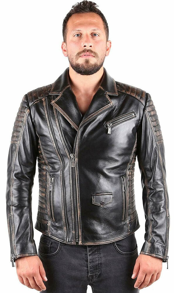 Men's Black Distressed Biker Leather Jacket