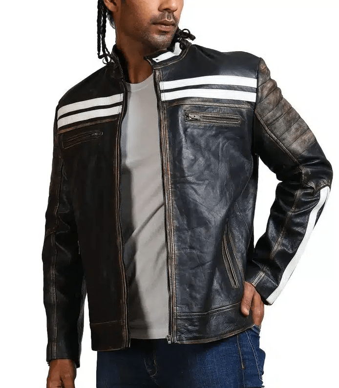 Men's Black Café Racer Biker Leather Jacket with White Straps