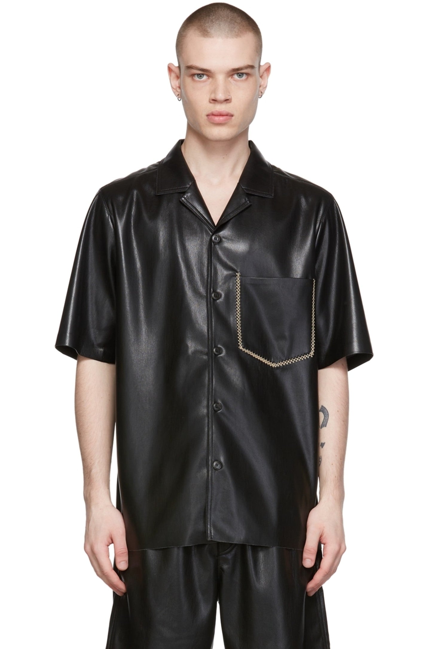 Men's Black Half Sleeve Leather Shirt